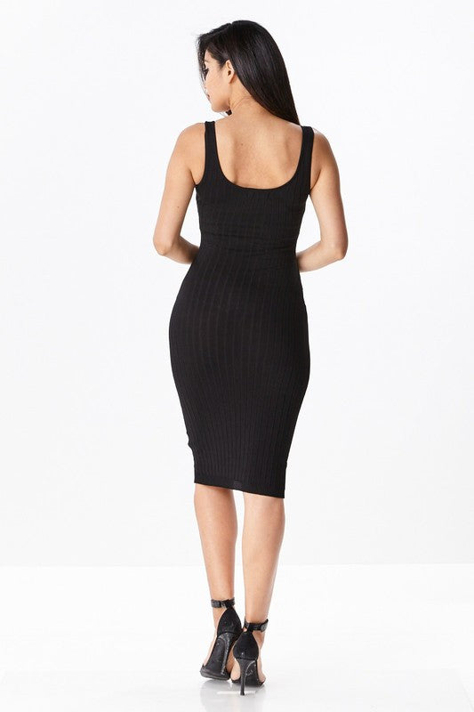THE MYSTYLEMODE BLACK KNIT RIBBED TANK MIDI DRESS