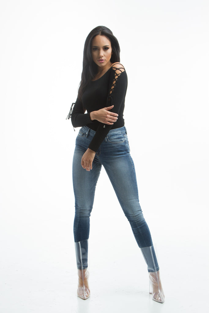 THE MYSTYLEMODE BLACK LACE UP SLEEVE LONG SLEEVE BODYSUIT