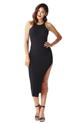 FINAL SALE-THE MYSTYLEMODE BLACK CAP SLEEVE FUNNEL NECK DOUBLE LINED BODYCON MIDI DRESS