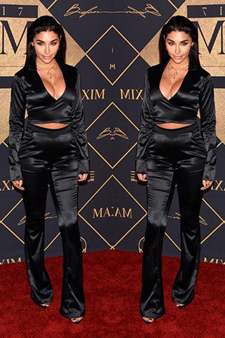 THE MYSTYLEMODE BLACK SATIN TWO PIECE CROP TOP HIGH WAISTED PANT SET