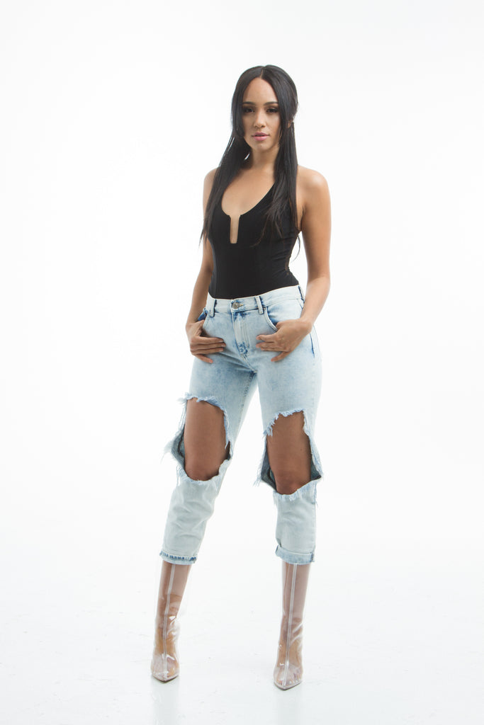 THE MYSTYLEMODE BLACK U CUT OUT MESH RACERBACK BODYSUIT