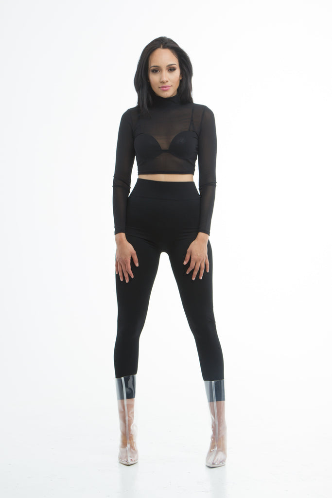 THE MYSTYLEMODE BLACK LONG SLEEVE MOCK NECK MESH CROP TOP