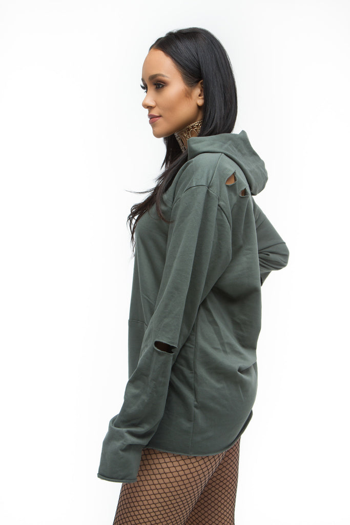 THE MYSTYLEMODE MENSWEAR OLIVE DISTRESSED HOODIE