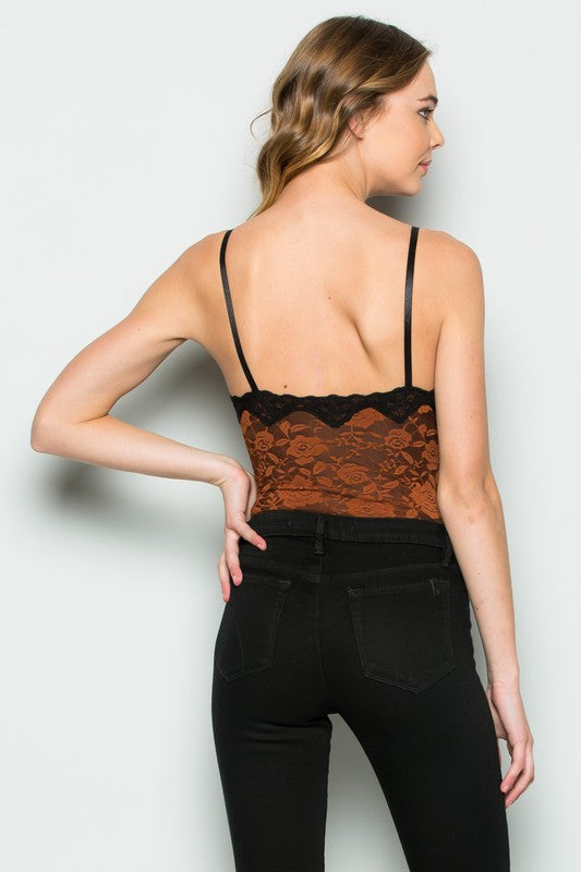 RUST LACE ON LACE V NECK SPAGHETTI STRAP BODYSUIT