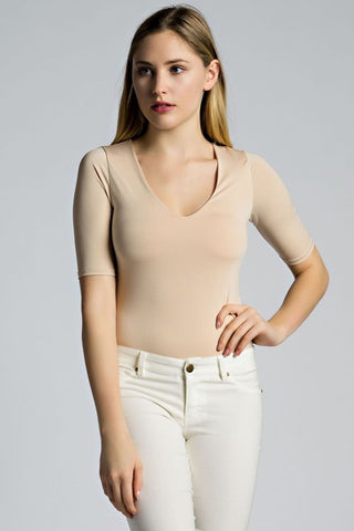 THE MYSTYLEMODE NUDE RIBBED BUTTON UP SHORT SLEEVE BODYSUIT
