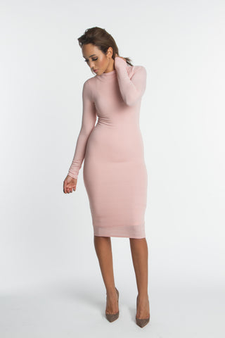 THE MYSTYLEMODE OLIVE DOUBLE LINED LONG SLEEVE FUNNEL NECK MIDI DRESS