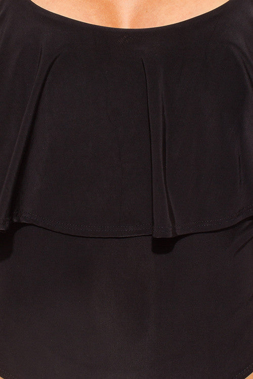 THE MYSTYLEMODE BLACK RUFFLE SPAGHETTI STRAP BODYSUIT