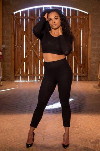THE MYSTYLEMODE BLACK SATIN TWO PIECE CROP TOP HIGH WAISTED PANT SET