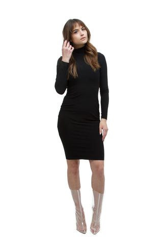 FINAL SALE-THE MYSTYLEMODE BLACK CAP SLEEVE FUNNEL NECK DOUBLE LINED BODYCON MIDI DRESS