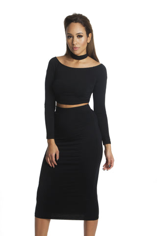 THE MYSTYLEMODE BLACK FITTED KNIT MIDI SKIRT