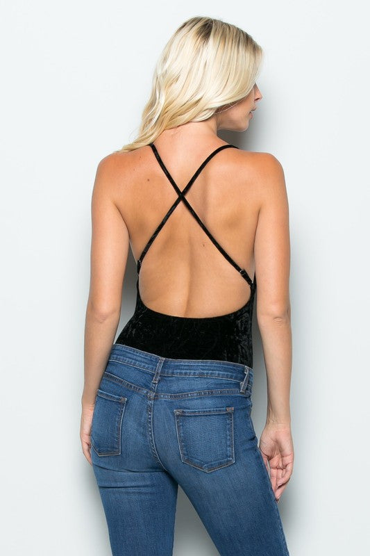 THE MYSTYLEMODE BLACK CRUSHED VELVET PLUNGING V NECK SPAGHETTI STRAP BODYSUIT
