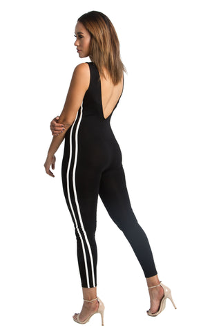 FINAL SALE-THE MYSTYLEMODE MOCHA WITH WHITE STRIPES SIDE MESH JUMPSUIT