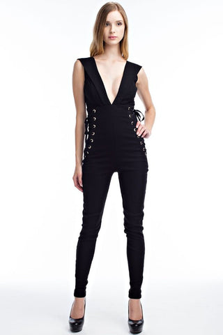 FINAL SALE-THE MYSTYLEMODE MOCHA WITH WHITE STRIPES SIDE MESH JUMPSUIT