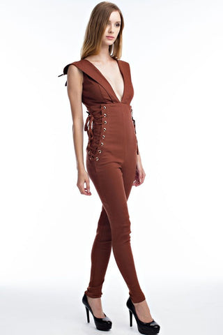 THE MYSTYLEMODE NUDE MOCK NECK SHORT JUMPSUIT WITH ZIPPER