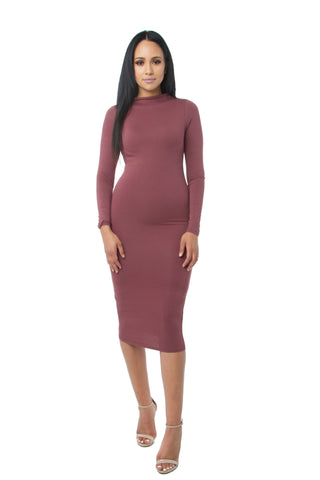 THE MYSTYLEMODE DUSTY PINK DOUBLE LINED LONG SLEEVE FUNNEL NECK MIDI DRESS