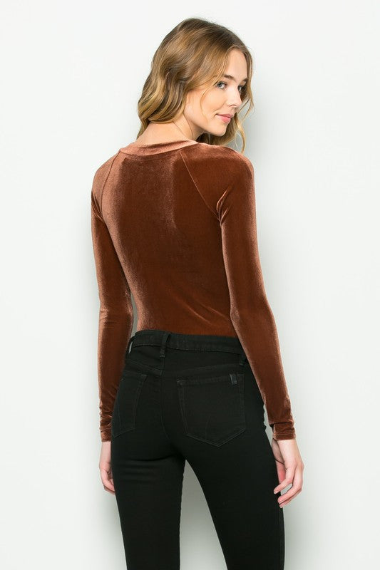 THE MYSTYLEMODE COPPER VELVET PLUNGING V NECK SHOULDER SLIT LONG SLEEVE BODYSUIT