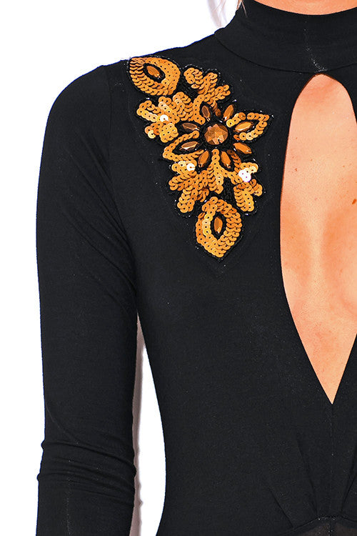 GOLD SEQUIN APPLIQUE CUT OUT SLIT LONG SLEEVE FORMAL EVENING DRESS