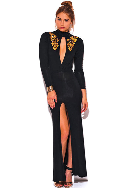 GOLD SEQUIN APPLIQUE CUT OUT SLIT LONG SLEEVE FORMAL EVENING DRESS