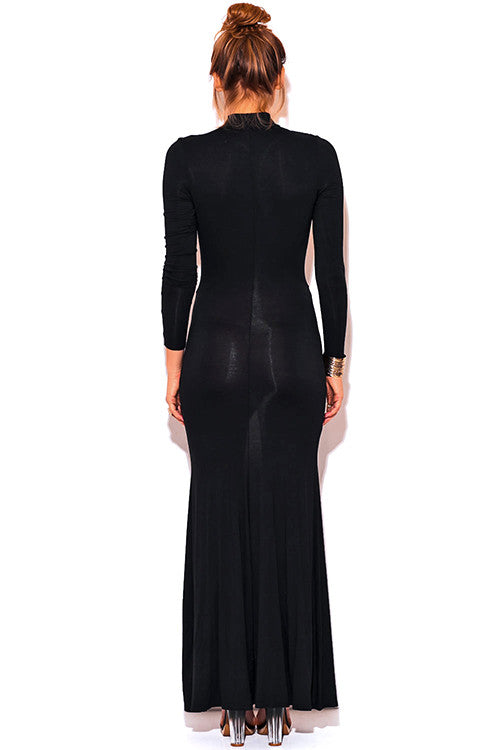 GOLD SEQUIN APPLIQUE CUT OUT SLIT LONG SLEEVE FORMAL EVENING DRESS