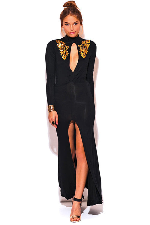 GOLD SEQUIN APPLIQUE CUT OUT SLIT LONG SLEEVE FORMAL EVENING DRESS