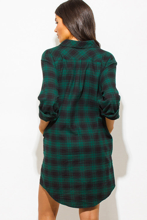 THE MYSTYLEMODE GREEN AND BLACK POCKETED FLANNEL TUNIC DRESS