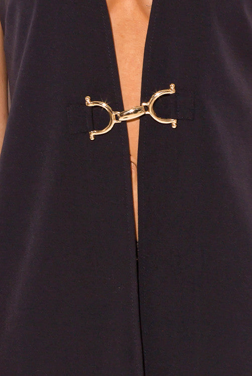 FINAL SALE-BLACK BUCKLE EMBELLISHED TUNIC BLAZER COAT