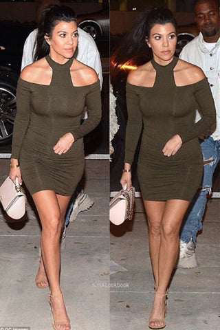 FINAL SALE-THE MYSTYLEMODE NUDE DOUBLE LINED OFF THE SHOULDER ELBOW CUT OUT MINI DRESS