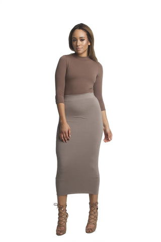 THE MYSTYLEMODE OLIVE DOUBLE LINED STRETCH HIGH WAISTED MIDI SKIRT