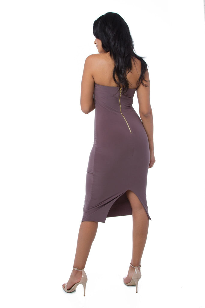 THE MYSTYLEMODE MOCHA DOUBLE LINED STRAPLESS ZIPPER BACK MIDI DRESS
