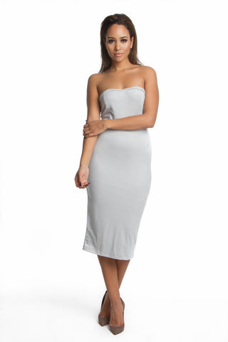 FINAL SALE-THE MYSTYLEMODE LIGHT GRAY SUEDE DOUBLE LINED OFF THE SHOULDER MIDI DRESS