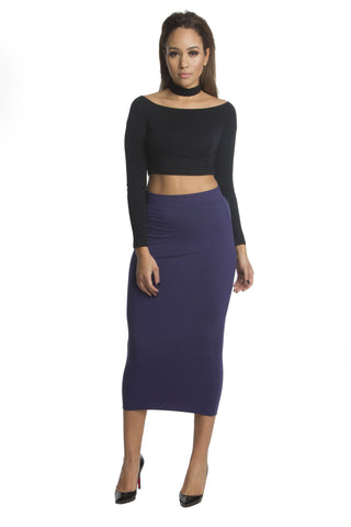 THE MYSTYLEMODE BLACK DOUBLE LINED STRETCH HIGH WAISTED MIDI SKIRT