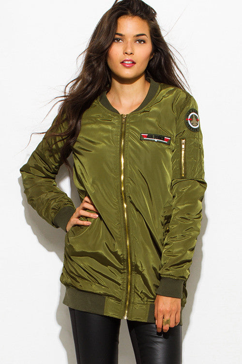 OLIVE GREEN MILITARY POCKETED PATCH EMBROIDERED PUFF BOMBER COAT JACKET