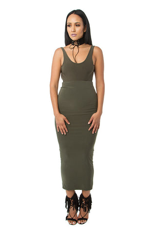 THE MYSTYLEMODE OLIVE DOUBLE LINED STRETCH HIGH WAISTED MIDI SKIRT