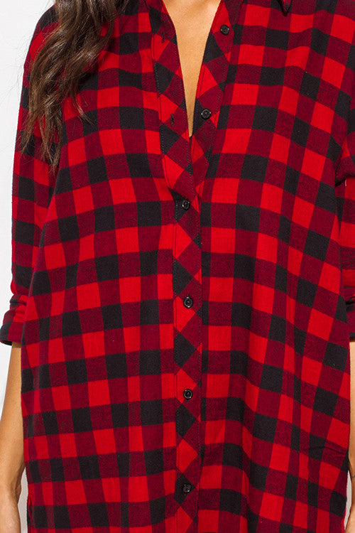 THE MYSTYLEMODE RED AND BLACK POCKETED FLANNEL TUNIC DRESS