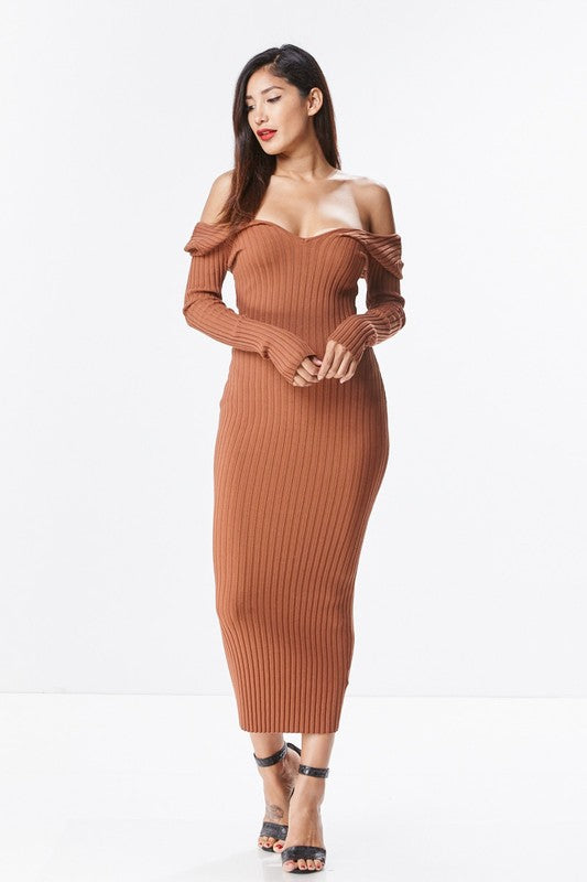 THE MYSTYLEMODE RUST KNIT RIBBED OFF THE SHOULDER MIDI DRESS