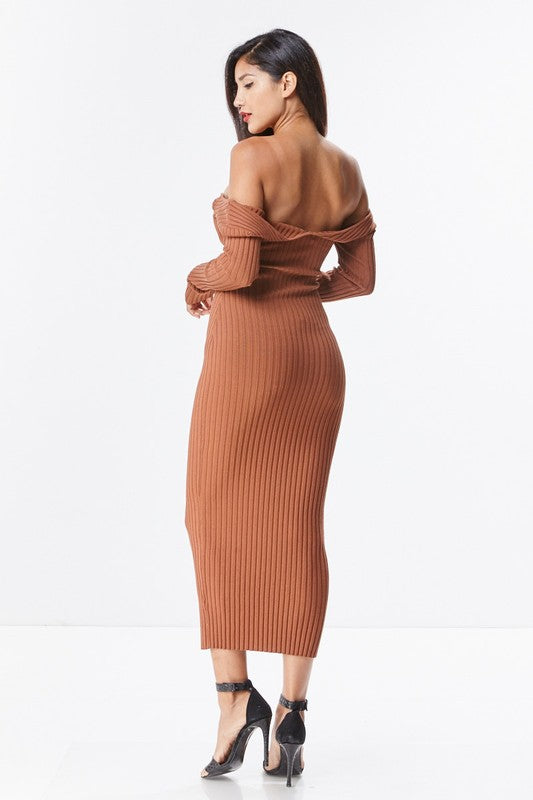 THE MYSTYLEMODE RUST KNIT RIBBED OFF THE SHOULDER MIDI DRESS