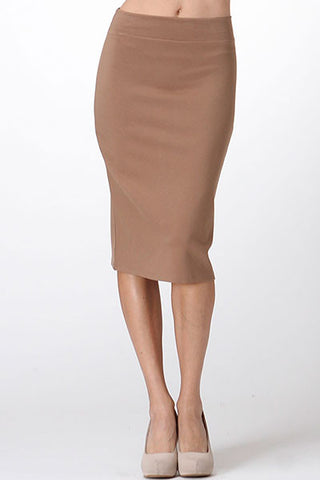 THE MYSTYLEMODE MOCHA DOUBLE LINED STRETCH HIGH WAISTED MIDI SKIRT