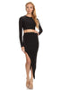 THE MYSTYLEMODE BLACK TWO PIECE LONG SLEEVE CROP TOP AND ASYMMETRICAL PENCIL SKIRT SET
