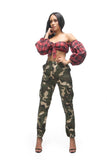 THE MYSTYLEMODE RED PLAID FLANNEL FRONT BOW TIE LONG SLEEVE CROP TOP