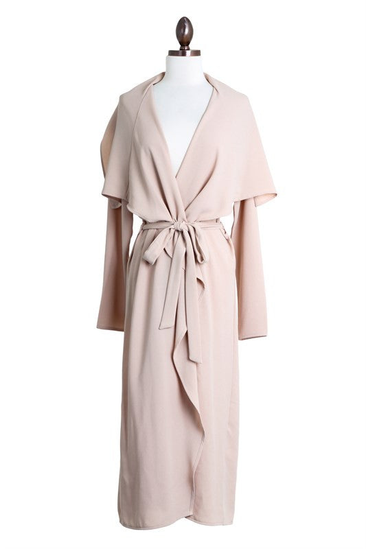 THE MYSTYLEMODE LIGHT TAUPE OPEN CASCADING COLLAR TRENCH