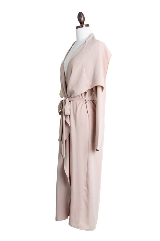 THE MYSTYLEMODE LIGHT TAUPE OPEN CASCADING COLLAR TRENCH
