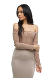 THE MYSTYLEMODE NUDE DOUBLE LINED OFF THE SHOULDER ELBOW CUT OUT BODYSUIT