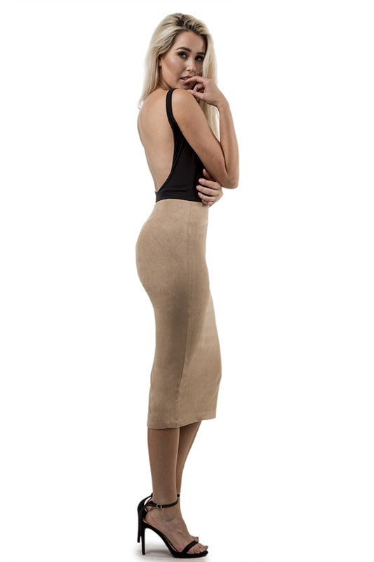 THE MYSTYLEMODE NUDE SUEDE HIGH WAISTED MIDI SKIRT
