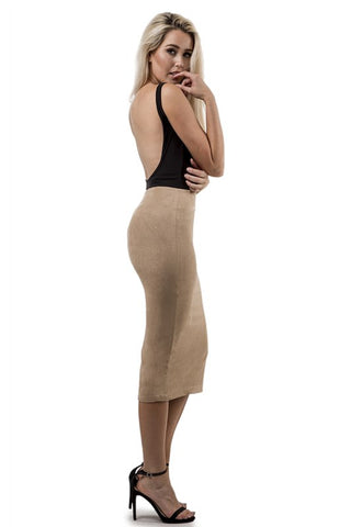 THE MYSTYLEMODE MOCHA DOUBLE LINED STRETCH HIGH WAISTED MIDI SKIRT