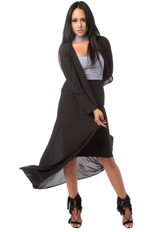 THE MYSTYLEMODE BLACK OPEN CASCADING COLLAR TRENCH