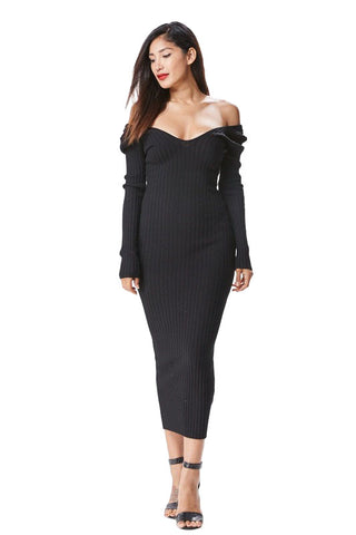 black off shoulder rib knitted midaxi dress boohoo Women's Rib Knitted Blanket Stitch Midaxi Dress - Black