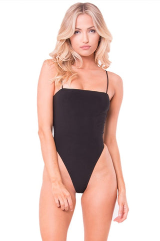 THE MYSTYLEMODE BLACK V NECK LOW BACK DOUBLE LINED ESSENTIAL BODYSUIT