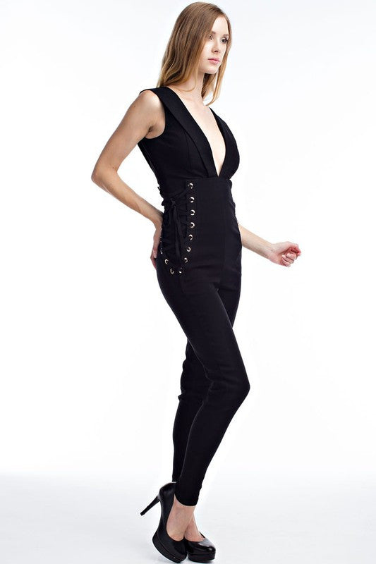 THE MYSTYLEMODE BLACK WITH DEEP SIDE LACE UP JUMPSUIT