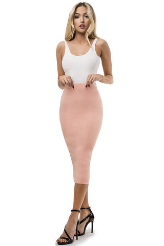 THE MYSTYLEMODE CAMEL DOUBLE LINED STRETCH HIGH WAISTED MIDI SKIRT