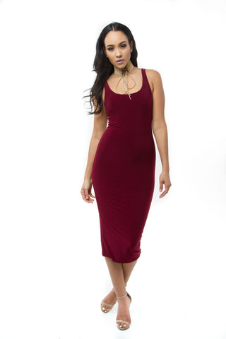 THE MYSTYLEMODE RUST KNIT RIBBED OFF THE SHOULDER MIDI DRESS